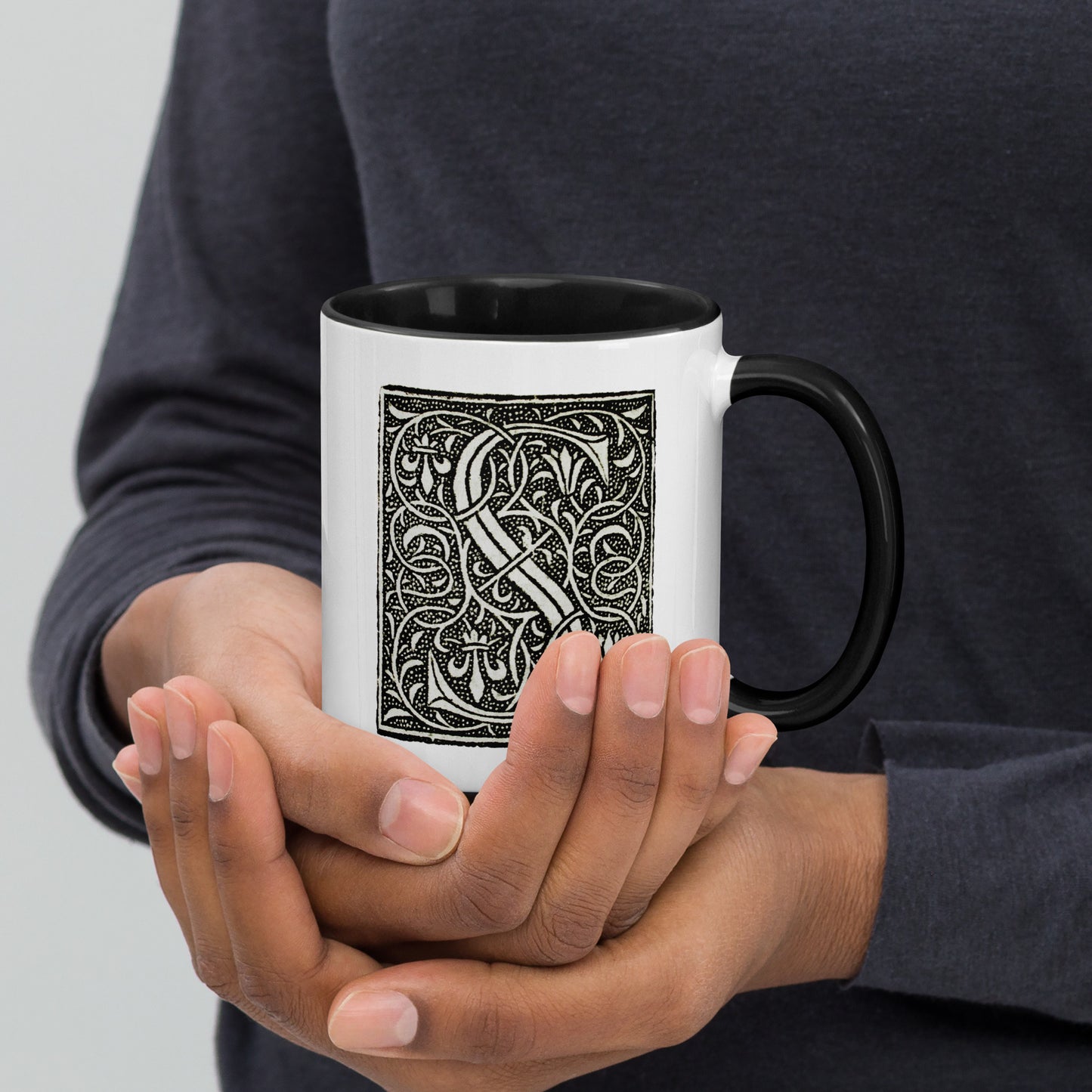 White Mug with Decorative Initial and Black Accent