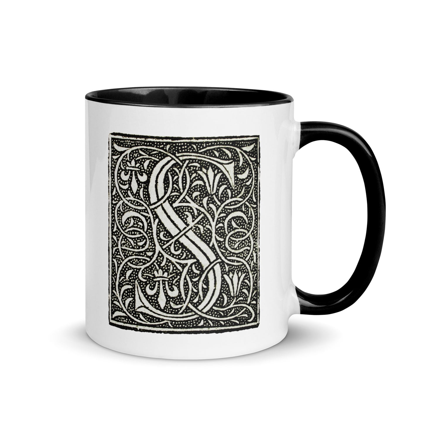 White Mug with Decorative Initial and Black Accent