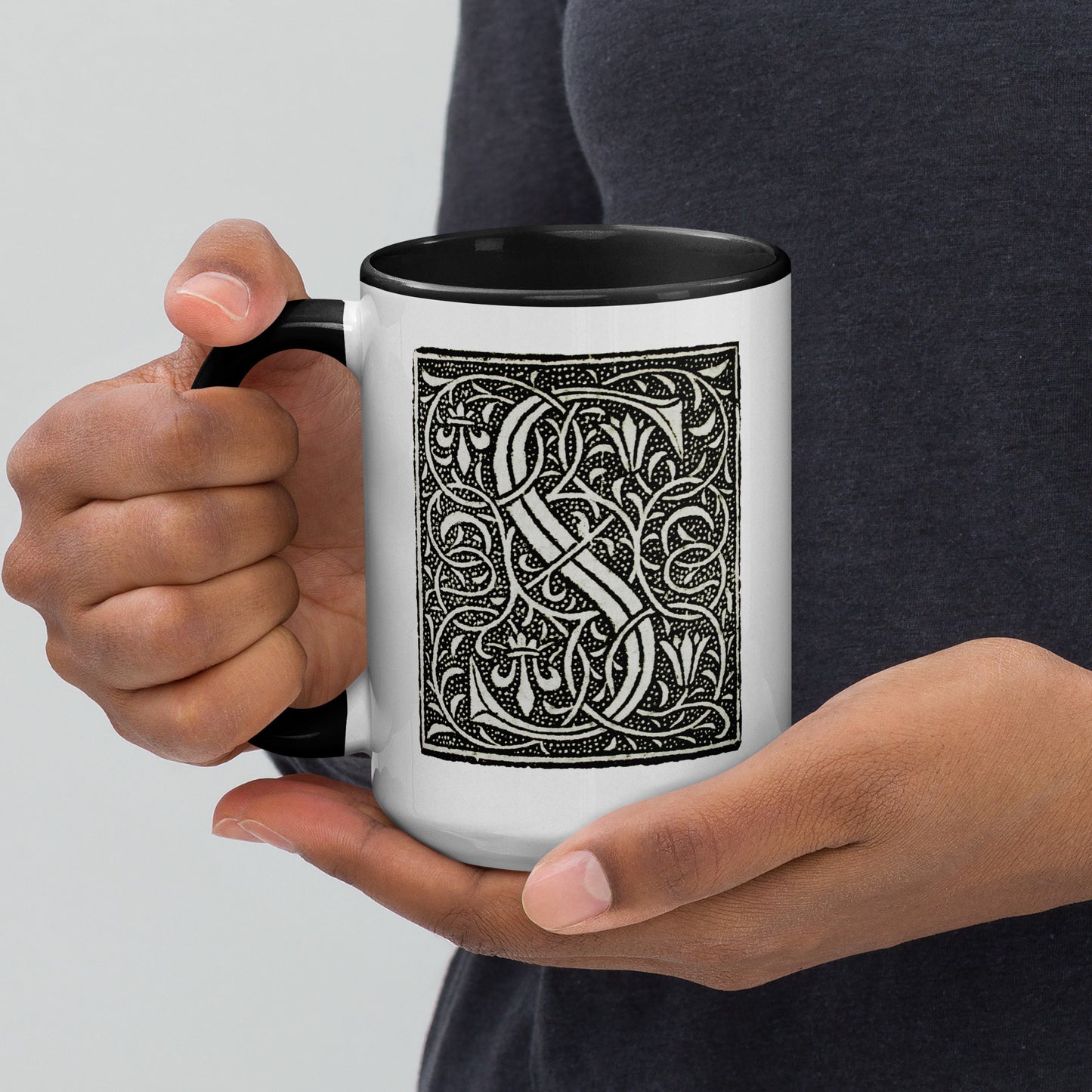 White Mug with Decorative Initial and Black Accent