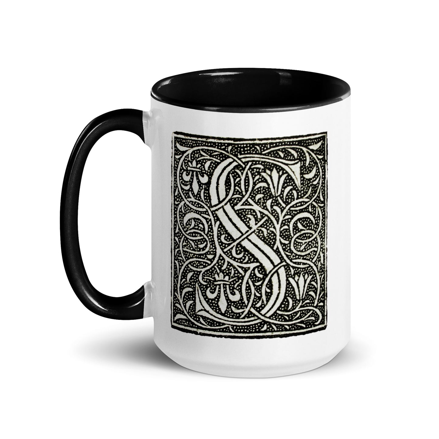 White Mug with Decorative Initial and Black Accent