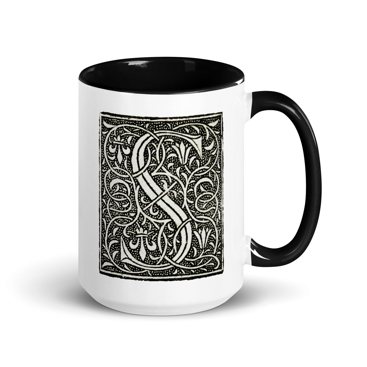 White Mug with Decorative Initial and Black Accent